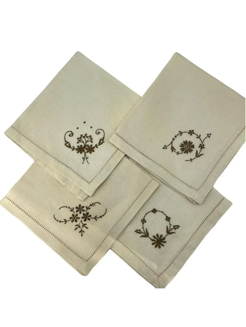 Vintage Linen Luncheon Napkins with Embroidery, Set of 4